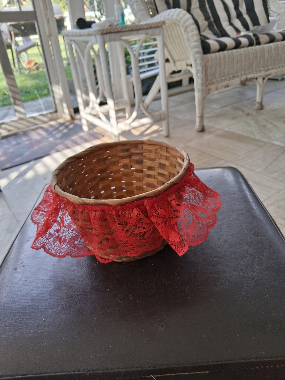Woven Decorative Basket with Red Lace Trim - Home Accents